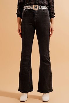 Maxi length. Jeans. Plain design. A-line cut. Flare. Daily. Basic. Black Stretch Denim Flare Jeans, Black Full-length Flare Jeans, Black Full-length Flare Denim Jeans, Edgy Flare Jeans For Fall, Black Mid-rise Stretch Flare Jeans, Stretch Mid-rise Black Flare Jeans, Black Stretch Mid-rise Flare Jeans, Black Denim Flare Jeans Full Length, Chic Wide Leg Washed Black Flare Jeans