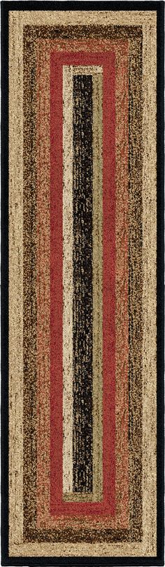 a red, black and beige rug with vertical stripes on the bottom half of it