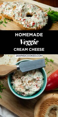 homemade veggie cream cheese in a blue bowl on a cutting board next to bagels