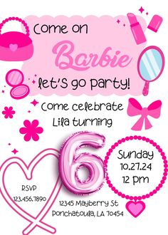 a pink birthday party flyer with balloons and decorations on it's side, including the number six