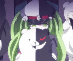 several cartoon characters with green hair and black cats in front of an image of white bears