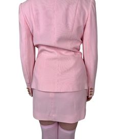 Even Cher Horowitz would be proud to strut in this baby pink vintage 90s suit by Clairvoyant. Complete with a mini pencil skirt, butterfly collared blazer, and unique ivory and silver buttons. The blazer is darted up the front and along the back to flatter your figure. Don't be clueless, you need this for your first day! Made in USA. Product Measurements: See the Measurement Guide in the photo carousel. Top Shoulder: 14.5" Chest: 36" Waist: 26" Sleeve Length: 21" Blazer Entire Length: 25" Skirt Chic Fitted Pink Skirt Suit, Chic Pink Skirt Suit For Formal Events, Chic Pink Skirt Suit For Formal Occasions, Pink Fitted Skirt Suit For Workwear, Pink Skirt Suit For Formal Spring Occasions, Pink Skirt Suit For Spring Office Wear, Blazer Mini Skirt, Cher Horowitz, Mini Skirt Set