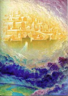 a painting of a city in the sky