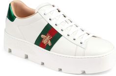 Gucci New Ace Platform Sneaker Gucci Leather High-top Sneakers With Embroidered Logo, Gucci High-top Sneakers With Embroidered Logo, Designer Platform Sneakers With Rubber Sole, White Gucci Sneakers For Spring, Spring Gucci Sneakers, Gucci Leather Sneakers For Spring, Gucci Sporty High-top Sneakers With Embroidered Logo, Spring Gucci Leather Sneakers, Spring White Gucci Sneakers