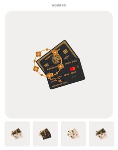 an image of a credit card with gold chains on it and other items in the background