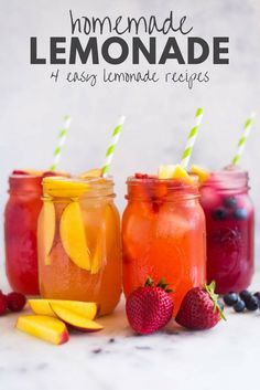 three mason jars filled with homemade lemonade and fruit