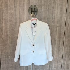 New Condition With Tags Size Small Pit To Pit 21” Approximately Long 28” Approximately Zara White Blazer, White Single Button Outerwear For Fall, Classic White Blazer For Spring, White Classic Outerwear For Office, Classic White Outerwear For Office, White Single-button Outerwear For Work, White Single Button Spring Outerwear, Formal White Zara Outerwear, Zara White Formal Outerwear