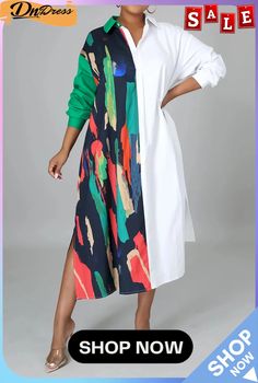 Multicolor Casual Print Split Joint Turndown Collar Shirt Dress Dresses Collar Shirt Dress, Half Sleeve Jumpsuit, Color Block Shirts, Solid Color Jumpsuits, Vogue Dress, Dress Sleeve Length, Collared Shirt Dress, Casual White Dress, Printed Shirt Dress