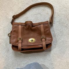 Fossil Satchel Bag/ Cross Body/ Travel Bag Real Leather - The Smell Is Great Very Soft Feel, Gold Hardware Congac Color Fossil Satchel, Crochet Flower Scarf, Fossil Bag, Rattan Handbags, Burgundy Bag, Color Block Tote, Fossil Purse, Black Pins, Fringe Bags