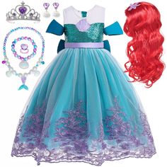 PRICES MAY VARY. Great little mermaid costume for girls, includes sequin and lurex mermaid dress, long synthetic red hair wig, tiara, necklace and gloves. Deluxe Ariel costume and wig set for girls. Super durable. Superior quality. 100% polyester. Super value pack for role play. Perfect for Halloween dress up parties, little mermaid costume, Ariel costume, Ariel dress, mermaid girl costume, undersea adventure themed parties, Halloween costume dress up, little mermaid role playing, activity, ever Black Dress Halloween Costume, Baby Pumpkin Costume, Girls Mermaid Costume, Mermaid Wig, Ariel Costume, Ariel Birthday Party, Ariel Costumes, Ariel Cosplay, Birthday Party Halloween