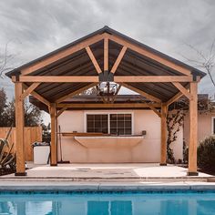 a pool with a covered patio next to it