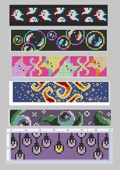 four different types of cross stitch designs on each side of the image, one is blue and