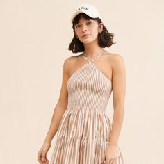 Arlen Midi Stripe Halter Dress | Nuuly Rent Summer Halter Neck Dress In Beige, Beige Halter Neck Dresses For Spring, Beige Halter Neck Midi Dress For Day Out, Summer Beige Halter Neck Dress, Beige Halter Neck Dress For Day Out, Tiered Maxi Skirt, Breezy Dress, Ribbed Crop Top, Beach Ready