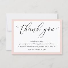 a thank card with the words thank you in black and pink ink on white paper