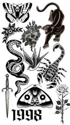 an assortment of tattoo designs including roses, lizards and other animals on white paper with black ink