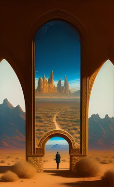 a man standing in front of an arch looking out at the desert and mountain range