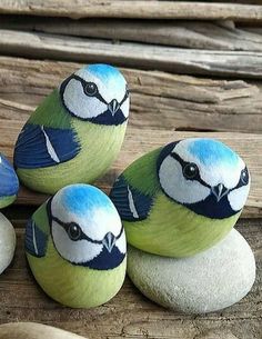 four painted birds sitting on top of some rocks