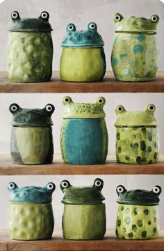 green and blue ceramic pots are lined up on the shelves in front of each other