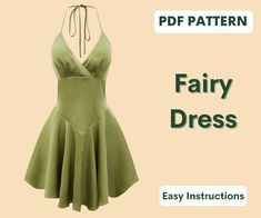 a green dress with the text fairy dress easy instructions for sewing on it and an image of