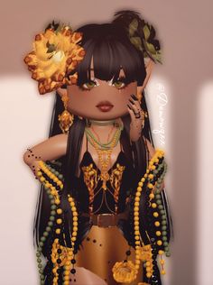 a digital painting of a woman with long hair and flowers in her hair, wearing gold jewelry