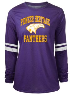 Pioneer Heritage Middle School Panthers Womens/T-Shirts Long Sleeve Sports Tops With Contrast Stripes, Collegiate Team-colored Hoodie For Game Day, Collegiate Hoodie In Team Colors For Game Day, Team-colored Hoodie For School Spirit Fan Gear, Long Sleeve Team-colored Sweatshirt For Team Spirit, Team Spirit Long Sleeve Team-colored Sweatshirt, School Spirit Team-colored Hoodie For Game Day, Collegiate Moisture-wicking Sweatshirt For Sports, Purple Sporty Sweatshirt With Graphic Print