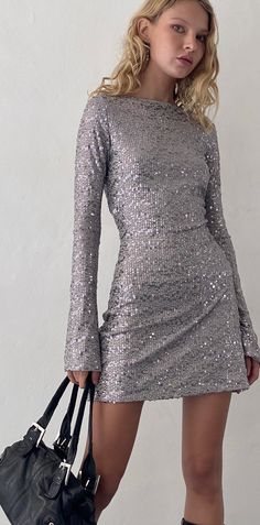 Silver Sequin Open Back Mini Dress | Kimberly – motelrocks-com-us Silver Long Sleeve Mini Dress, Nye Dress Sparkly, Christmas Attire, Open Back Mini Dress, Sparkly Mini Dress, Trumpet Sleeves, Long Sleeve Sequin Dress, Sequins Dress, Trumpet Sleeve