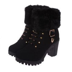 HADARA Design Women's Fashion Plush Fur Gold Statement Black Ankle Boot Shoes Heels Short, Hoof Heels, Boots Female, Winter Pattern, Zipper Heels, Casual Footwear, Women's Ankle Boots, High Heels Shoes, High Heel Boots Ankle