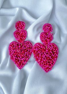 Double Heart Beaded Statement Earrings Pink Acrylic Post entry 3" drop Cheap Heart Beaded Drop Earrings, Affordable Pink Heart Beaded Earrings, Affordable Statement Earrings For Valentine's Day, Luxury Double Heart Beads Jewelry, Luxury Pink Earrings For Valentine's Day, Cheap Statement Beaded Earrings With Heart Beads, Affordable Statement Pink Beaded Earrings, Cheap Colorful Beaded Heart Earrings, Pink Acrylic