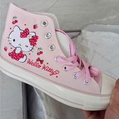 Brand New Quality Pink High Top Canvas Shoes Will Ship W Care W No Box In Order To Save You $ In Shipping. I Ship Fast And You Will Receive In 2-3 Days Anywhere In The Usa Hello Kitty Items Goth, Cute Shoes Pink, Hello Kitty Crocs, Hello Kitty Sneakers, Sanrio Shoes, Hello Kitty Converse, Sanrio Style, Canvas Tennis Shoes, Cute Converse Shoes