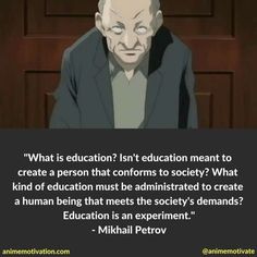 an old man in a suit with a quote about education