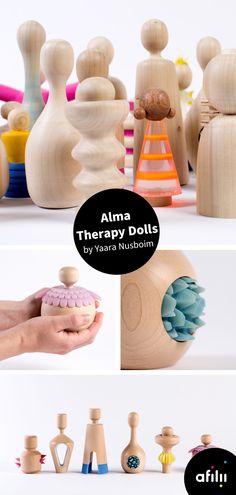 several different wooden toys are shown with the words alma therapy doll written in black and white