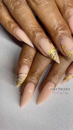 Fall Nail Inspiration Autumn New Years Nail Designs Simple, Gold Sparkle French Tip Nails, Abstract Almond Nails, Fall Nail Inspiration Autumn, Foil On Nails, Nude Nails With Design, Nude And White Nails, Fall Nail Inspiration