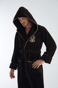 Our product is produced from special blend 100% Organic Turkish Cotton and bamboo, feels so soft and luxurious Robe has a large hood It has rich dark brown color with gold trim and lion embroidery High quality standards. Available sizes; -Large/Xlarge, -2Xlarge -3Xlarge You may order luxurious gift boxes together with your purchases for your loved ones. The link for a beautiful gift box is below; https://www.etsy.com/listing/916109929/luxurious-gift-boxes?ref=shop_home_active_1&frs=1 Men’s Hooded Robe, Mens Bathrobes Luxury, Mens Robes, Lion Embroidery, Black Nightgown, Luxury Robes, Bathrobe Men, Bath Robes, Men's Robes