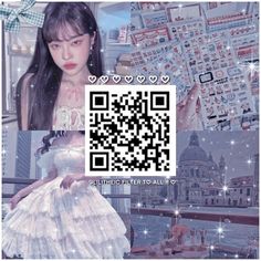 a girl in a white dress holding up a qr code