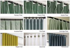 the different types of curtains are shown in various colors and sizes, including blue, green,