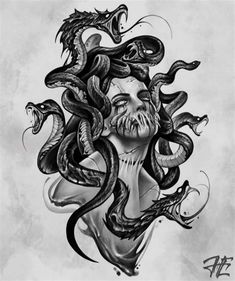 a black and white drawing of a woman with snakes on her head, in the shape of a snake