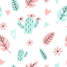 seamless pattern with cactus, leaves and hearts on a white background for children's wallpaper