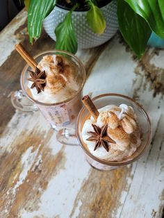 two glasses filled with hot chocolate and cinnamon on top of a wooden table next to a potted plant