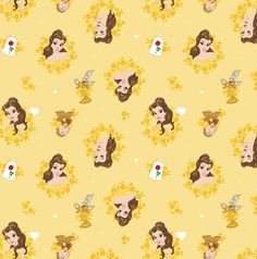 an image of disney princesses and sunflowers on yellow background with white dots