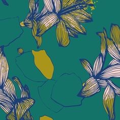 a blue and yellow flower pattern on a teal background with gold foiled edges