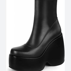 Wetkiss Black Platform Ankle Booties. Size 42 Midcalf With Side Zipper. Heel To Toe 11" Fitted Black Platform Boots, Block Heel Platform Boots With Zipper Closure, Fitted Ankle Platform Boots With Zipper Closure, Black Fitted Ankle-high Platform Boots, Black Ankle-high Platform Boots, Black Faux Leather Ankle-high Platform Boots, Black Leather Platform Boots With 4-inch Heel, Black Ankle-high Platform Boots With Zipper, Fur Ankle Boots