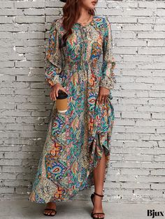 Bjux - Paisley Print Tie Front Dress - Elegant Vintage Long Sleeve Maxi Dress with Shirred Details for Women Casual Green Paisley Print Maxi Dress, Green Casual Paisley Print Maxi Dress, Flowy Patterned Maxi Dress For Fall, Casual Maxi Dress With Paisley Print For Spring, Casual Fitted Patterned Maxi Dress, Casual Long Sleeve Dresses With Colorful Pattern, Fitted Long Sleeve Paisley Print Maxi Dress, Casual Flowy Patterned Maxi Dress, Casual Printed Long Sleeve Maxi Dress