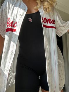 The Wisconsin Striped Baseball Jersey is perfect unisex statement or layering piece. Lightweight and sweat-wicking material ensures maximum comfort and breathability. Full button front and unisex design pairs perfectly with any outfit. Script text detailing adds an elevated touch and class. Baseball Jersey Outfit Women, Baseball Jersey Outfit, Retro Baseball, Script Text, Baseball Outfit, Jersey Outfit, Gaming Clothes, Baseball Shirts, Baseball Jersey