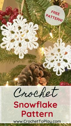 crochet snowflake pattern on a christmas tree with pine cones and berries