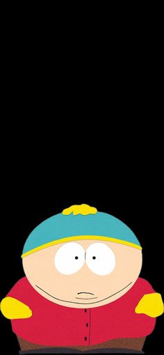 the south park character is wearing a red shirt and blue hat