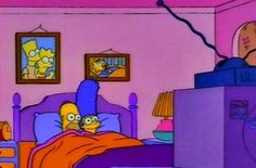 the simpsons is in bed with his feet up on the end of the bed and looking at him