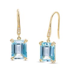 Enhance your dressy look with the eye-catching colour of these stunning emerald-cut blue topaz and diamond drop earrings. Fashioned in warm 10K gold Each drop glistens with a faceted 10.0 x 8.0mm emerald-cut sky-blue topaz dangle. Diamond-touched overlays sparkle at the corners. Additional diamonds adorn the ear wire. These 0.065 ct. t.w. diamond earrings secure with French wire backs. Jewelry Redesign, Spring Court, Trendy Jewellery, Aquamarine Engagement Ring, Blue Tone, Blue Topaz Earrings, Sky Blue Topaz, Jewelry Lookbook, Topaz Earrings