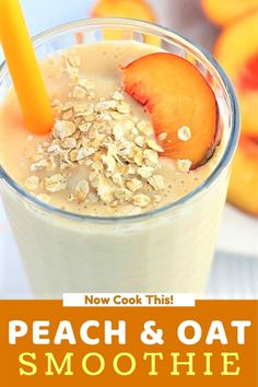 peach and oat smoothie in a glass with an orange straw