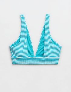 Aerie Crinkle Stripe Longline Plunge Bikini Top V-neck Lined Tankini For Vacation, Textured Swimwear For Spring And Summer, Textured Swimwear For Summer, Textured Stretch Swimwear For Spring, Textured Swimwear For Spring Poolside, Textured Swimwear For Poolside Spring, Textured Stretch Swimwear For Pool, Textured Swimwear For Beach Vacation, Blue Textured Stretch Swimwear