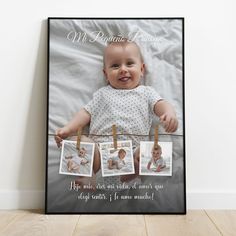 a baby is hanging on a clothes line with three photos